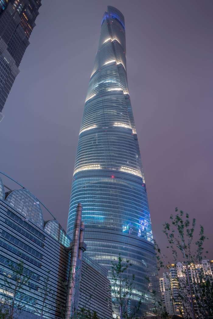 Illuminated Shanghai Tower with Ginkgo trees